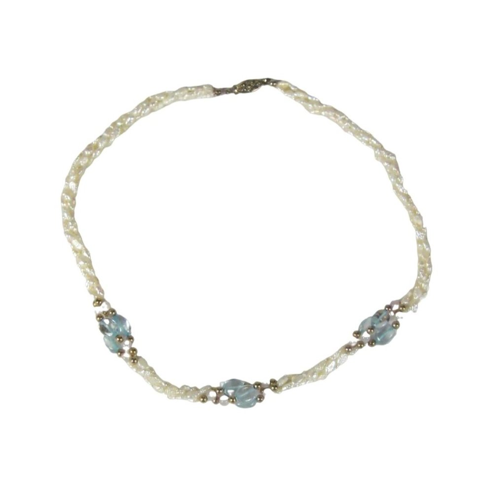 Freshwater Pearls Glass Beaded Necklace 18 in Goldtone Fish Clasp Braided Strand